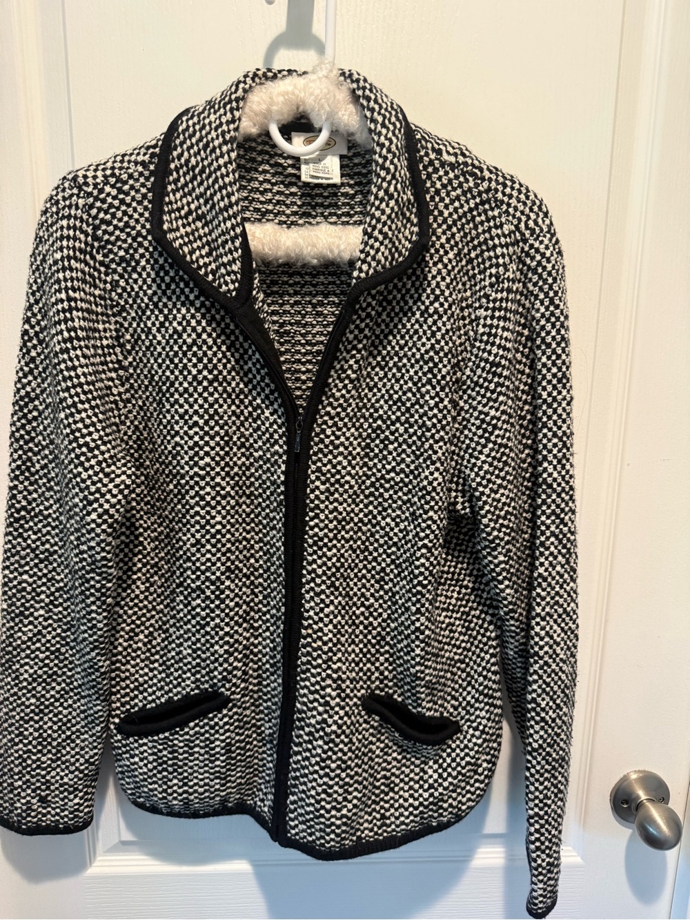 Talbots Black and White Patterned Zip Cardigan